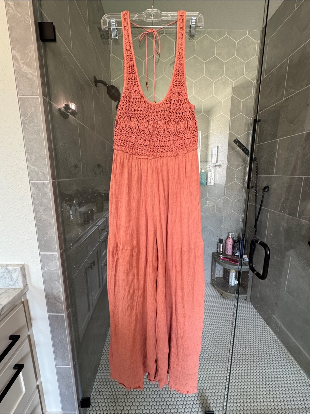 Free People Coral Crochet Bodice Wide-Leg Jumpsuit